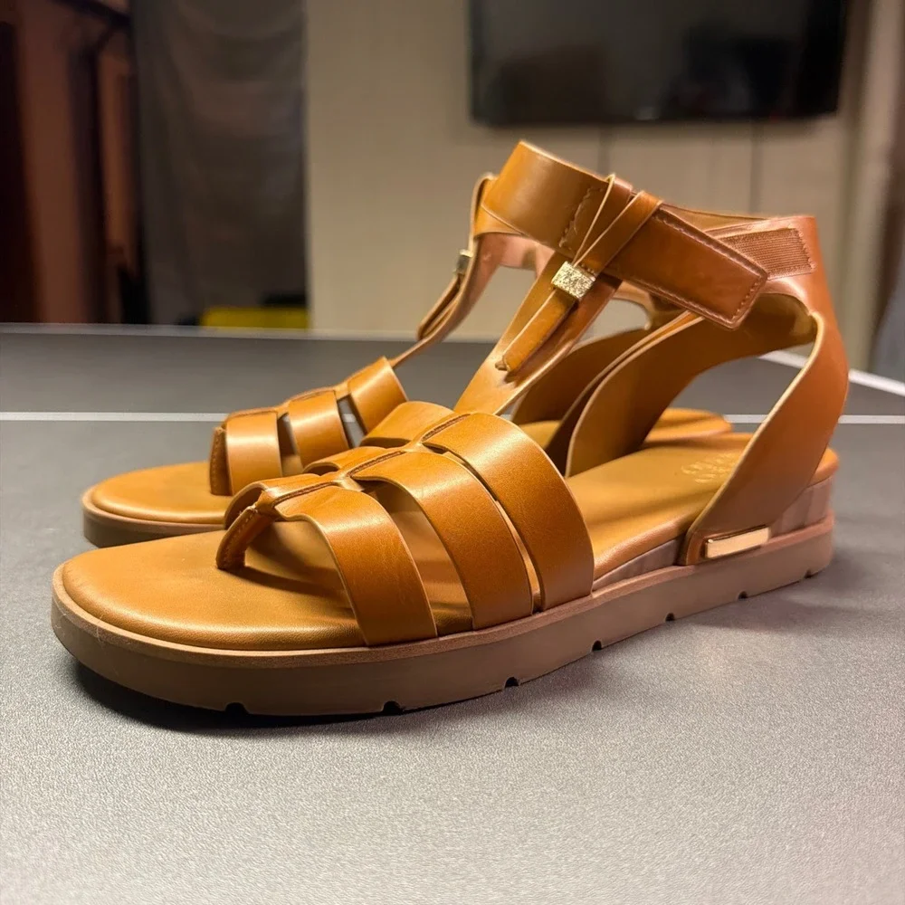 Franco Sarto Dasana Cognac Brown Gladiator Thong Ankle Strap Sandals 9.5M